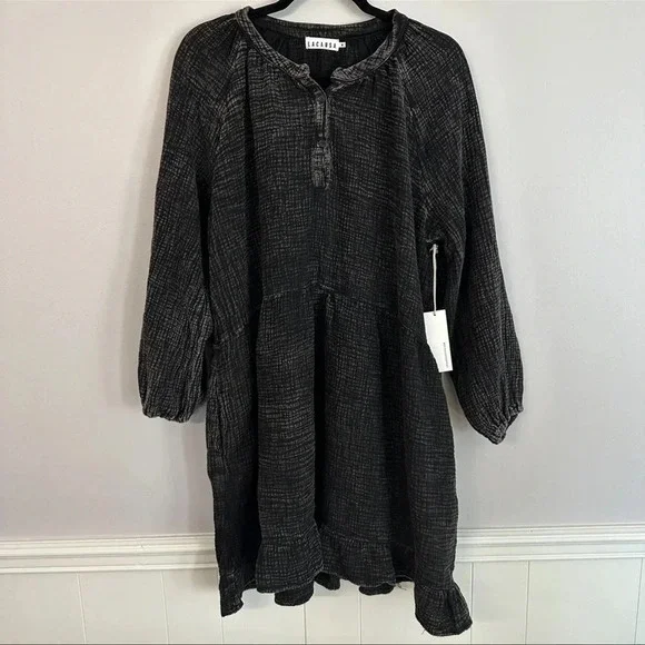 NWT LACAUSA Gauze Black Mineral Wash Organic Cotton Long Sleeves Dress Sz M - Picture 7 of 14